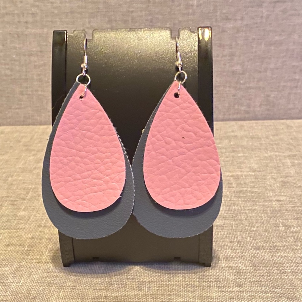 Handmade Faux Leather Earrings- Pink & Blue